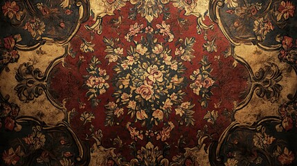 Canvas Print - Vintage Floral Tapestry Fabric with Red, Gold, and Brown Hues