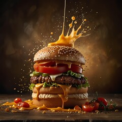 A dynamic, close-up shot of a burger exploding vertically, with cheese, tomatoes, and sauce suspended in mid-air, golden lighting highlighting the savory textures against an elegant, nostalgic backgro