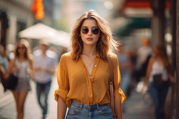 Wall Mural - A woman in a yellow shirt