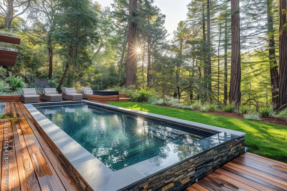 Rectangular Wooden Pool Rectangular pool with wood deck and seating area overlooking a redwood ...