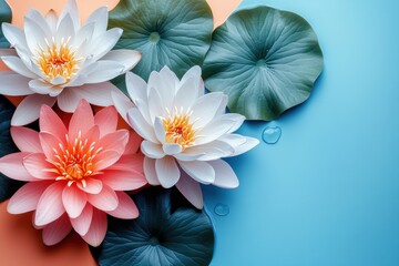 Wall Mural - Beautiful Water Lilies and Lotus Leaves on a Colorful Background - Nature, Floral, Botanical, Tranquil, Zen