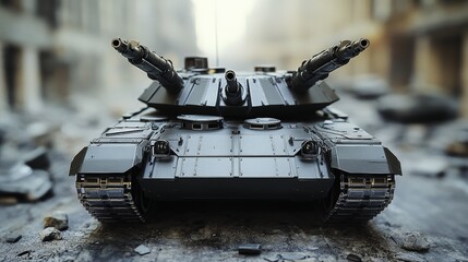 Military Tank in Destroyed Cityscape - War, Conflict, Destruction