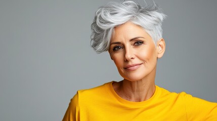 Wall Mural - a mature woman with white skin, grey short hair, wavy hair and a clear yellow t shirt, isolated in a light grey studio