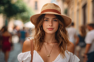 Canvas Print - A woman wearing a straw hat and a necklace is walking down a street