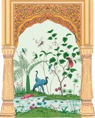 Traditional Mughal temple lattice wall peacock tree pattern illustration