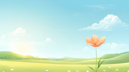 Wall Mural - A single pink flower blooms in a lush green field under a bright blue sky with fluffy clouds.