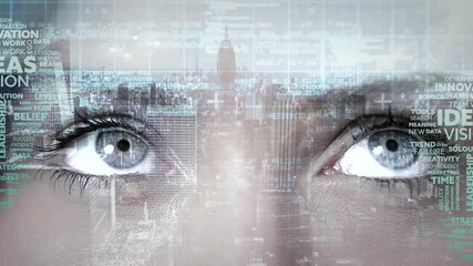 Poster - Close-up of eyes with digital data processing animation over cityscape