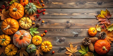 Wall Mural - Autumn Corner Border Banner of Pumpkins, Gourds and Fall Decor on a Rustic Wood Background With Copy Space