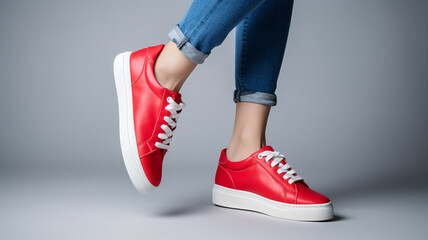 woman in red sneakers with shoelaces on grey background