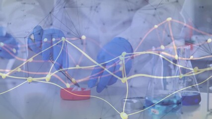 Poster - Scientific data network animation over lab technician working with petri dish