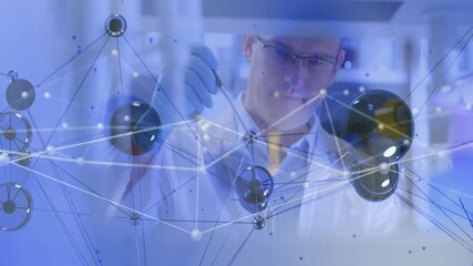 Wall Mural - Working in laboratory, scientist analyzing molecular structure with animation overlay