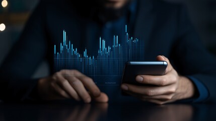 Poster - Close up of businessman hand holding cellphone with falling forex chart on dark office background. Crisis and finance concept. Double exposure