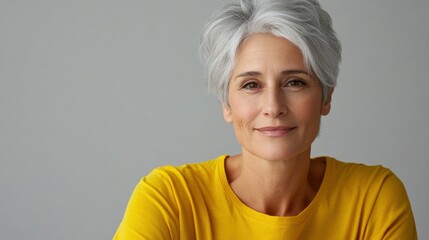 Wall Mural - mature woman with white skin, grey short hair, wavy hair and a clear yellow t shirt, isolated in a light grey studio