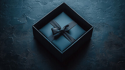 Wall Mural - Top view of an open black gift box with a price tag on a dark background, designed for a Black Friday poster in 3D vector style.