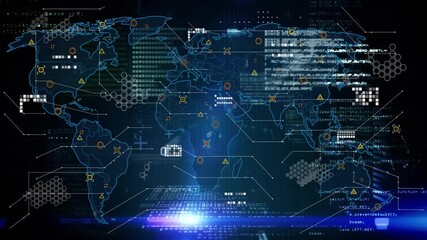Poster - Displaying world map with cybersecurity threats and data processing animation