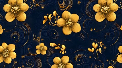 Thai-inspired seamless pattern with golden flowers and elegant swirls, ideal for refined decor