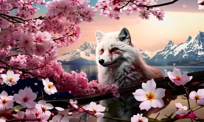 Wall Mural - fox with sakura flowers on background