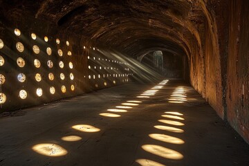 Poster - Sunlight filters through circular openings in an abandoned underground tunnel illuminating the dusty floor in the early morning. Generative AI