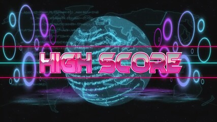 Poster - High score text animation over digital globe with neon elements