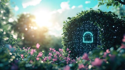 Poster - 3D render of a secure digital network icon with a lush garden and bright sky in the background, representing privacy and protection.