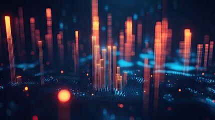 3D rendered abstract candlestick chart with glowing bars on a blue backdrop. Represents financial trading and market analysis. Perfect for business and finance themes.