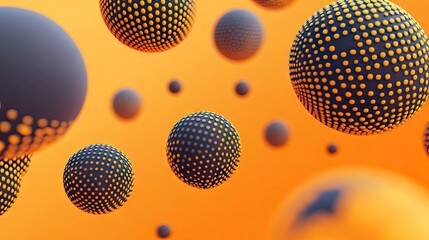 Poster - 3D textured spheres on an orange background, detailed with dots or letters. Great for designing banners and abstract vector templates with a modern touch.