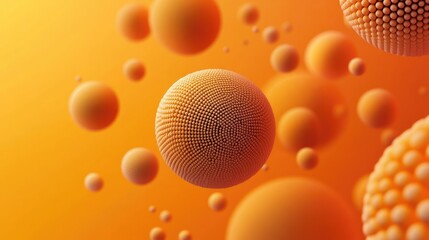 Poster - 3D textured spheres on an orange background, detailed with dots or letters. Great for designing banners and abstract vector templates with a modern touch.