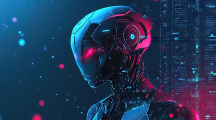 Poster - Abstract 2D AI concept featuring a stylized robot and data analytics. Clean design showcasing artificial intelligence and machine learning. Ideal for tech presentations.