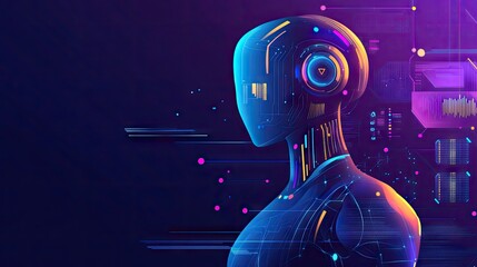 Poster - Abstract 2D AI concept featuring a stylized robot and data analytics. Clean design showcasing artificial intelligence and machine learning. Ideal for tech presentations.