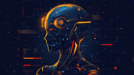 Poster - Abstract 2D AI concept featuring a stylized robot and data analytics. Clean design showcasing artificial intelligence and machine learning. Ideal for tech presentations.