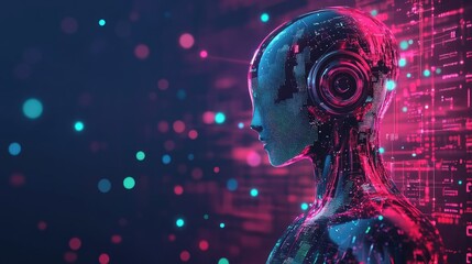 Poster - Abstract 2D AI concept featuring a stylized robot and data analytics. Clean design showcasing artificial intelligence and machine learning. Ideal for tech presentations.