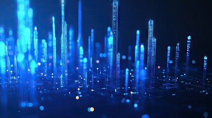 Poster - Abstract 3D candlestick chart with luminous features on a blue background. Represents trading and financial market trends. Great for finance-related graphics and reports.
