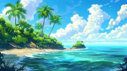 Illustration of a Tropical Island with Palm Trees and Beach: Lush and Serene