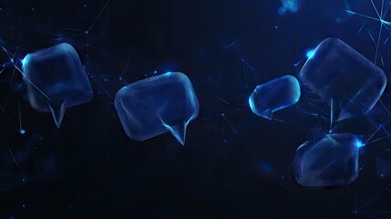 Poster - Abstract dark blue banner with glowing speech bubbles and polygonal design elements. Suitable for virtual networking, e-commerce, and communication concepts with ample text space.
