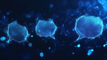 Poster - Abstract dark blue banner with glowing speech bubbles and polygonal design elements. Suitable for virtual networking, e-commerce, and communication concepts with ample text space.
