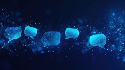 Poster - Abstract dark blue banner with glowing speech bubbles and polygonal design elements. Suitable for virtual networking, e-commerce, and communication concepts with ample text space.