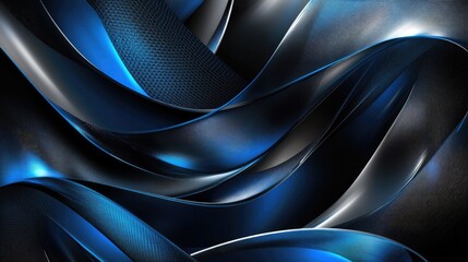 Poster - Abstract futuristic vector illustration of blue metallic curves on a dark grey background. The weaving design offers a luxurious and modern space for text and graphics.