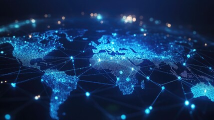 Poster - Abstract global business map with interconnected data points and network lines. The vector illustration depicts telecommunication connections across continents. -