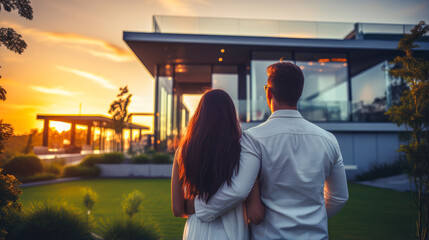 Back portrait of a young couple standing and hugging, happy in front of their new home to start a new life.