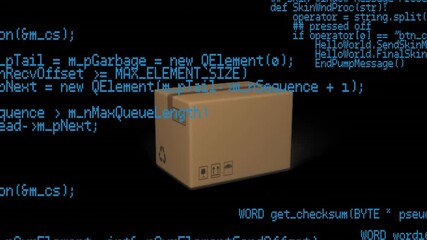 Poster - Cardboard box with animated code snippets over black background