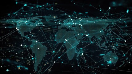 Poster - Abstract global business map with interconnected data points and network lines. The vector illustration depicts telecommunication connections across continents. -