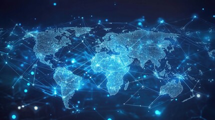 Poster - Abstract global business map with interconnected data points and network lines. The vector illustration depicts telecommunication connections across continents. -