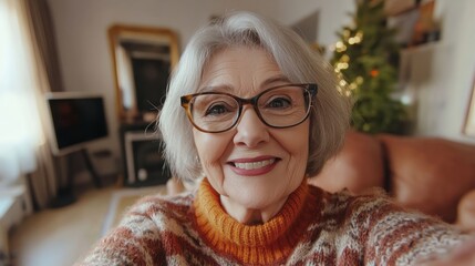 technology, communication and people concept - happy smiling senior woman in glasses taking selfie at home,lifestyle concept