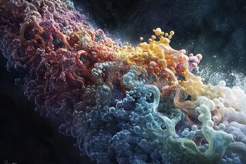 Poster - Colorful abstract fluid dynamics exhibit in a dark background showcasing swirling forms and bubbles. Generative AI