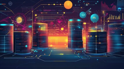 Poster - Abstract vector illustration of Big Data on a futuristic tech background. Hand-drawn design focusing on data mining and management. Ideal for banners, presentations, and tech graphics. -