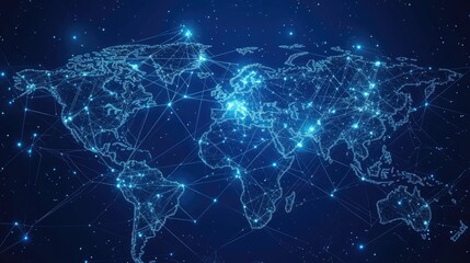 Poster - Abstract world map illustration showing global business data connections with interconnected lines and nodes. The vector design highlights telecommunication network links.