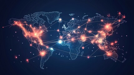 Poster - Abstract world map illustration showing global business data connections with interconnected lines and nodes. The vector design highlights telecommunication network links.