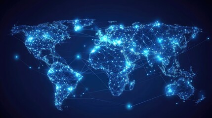 Poster - Abstract world map with glowing lines and data nodes illustrating global telecommunication networks. Vector design for business data connections and international networks.
