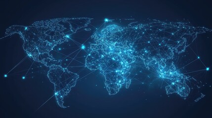 Poster - Abstract world map with glowing lines and data nodes illustrating global telecommunication networks. Vector design for business data connections and international networks.