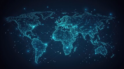 Poster - Abstract world map with glowing lines and data nodes illustrating global telecommunication networks. Vector design for business data connections and international networks.